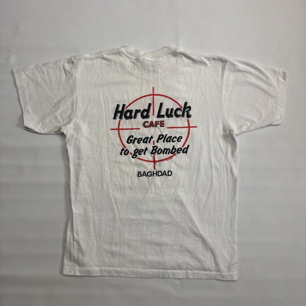 Vtg 90s Desert Storm Hard Luck Cafe Great Place To Get Bombed Baghdad T Shirt XL